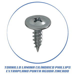 TORNILLO LAMINA CILINDRICO PHILLIPS EXTRAPLANO PUNTA AGUDA ZINCADO